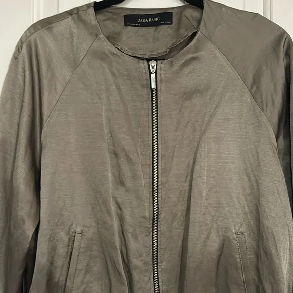 Zara Lightweight Satin Olive Green Bomber Jacket Sz Small - Picture 8 of 15